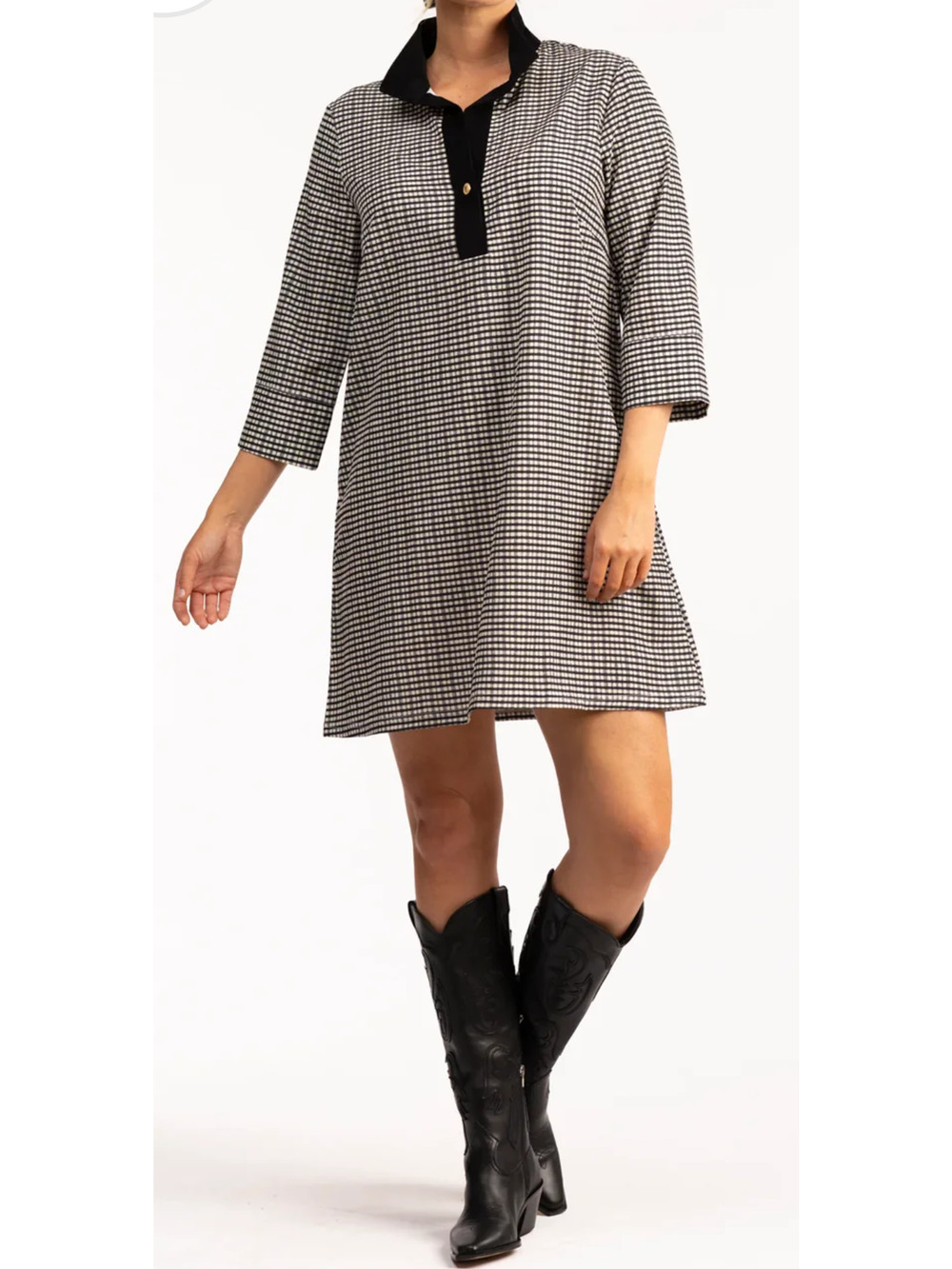 Smith and Quinn black French Gingham velvet collar shirt dress Size Med Preppy